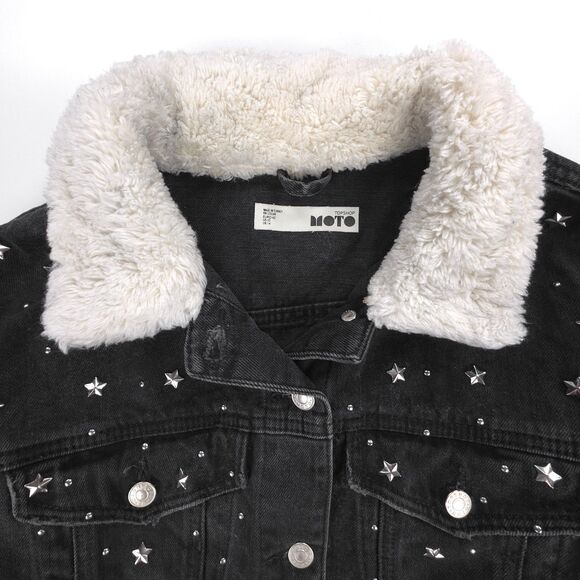 TOPSHOP Star Stud Denim Borg Jacket Fur Collar 90s Y2k Grunge Streetwear Indie - Picture 3 of 7